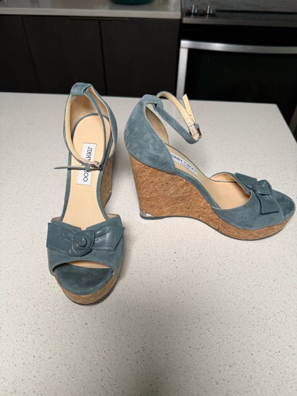 Jimmy Choo Teal Suede Cork Wedge Sandals